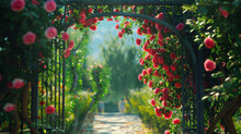 A Beautiful Garden Enclosed By A Gate, Adorned With Colorful Flowers, Lush Trees, And Vibrant Shrubs. The Landscape Is Filled With Tints And Shades Of Various Flowering Plants And Annual Plants