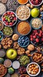© Merilno - Assorted superfoods in containers on a solid colored background. A variety of superfoods in small bowls, surrounded by fresh fruits, nuts, and vegetables, highlighting a healthy lifestyle
