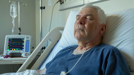 Sticker - an elderly man in his mid-50s, lying on the bed with an IV bag and mask attached to his head, surrounded by medical equipment in a hospital room. He is wearing a blue t-shirt