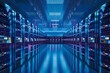 Bright rows of server racks fill a modern data center room