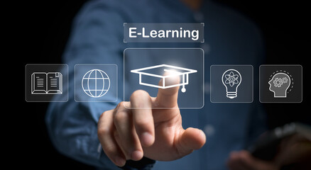 Wall Mural - concept of online education. man use online education training and e-learning webinar on internet fo