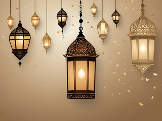 Wall Mural - Islamic greeting Ramadan Kareem and Eid Mubarak card background design with lanterns, lamps, and beige colour design.