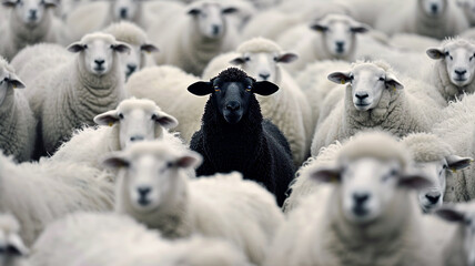 a black sheep stands out in the middle of an crowd with white sheeps. the concept shows individualit