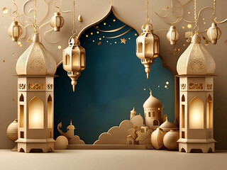 Canvas Print - Islamic greeting Ramadan Kareem and Eid Mubarak card background design with lanterns, lamps, and beige colour design.