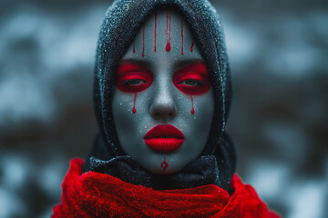 Poster - A woman with red face paint and a black scarf