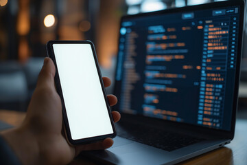Wall Mural - a person is holding a cell phone next to a laptop computer