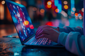 Wall Mural - a person is typing on a laptop with a bright screen