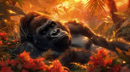 Wall Mural - Gorilla Lying Peacefully Under the Sun, Basking in Tranquility.