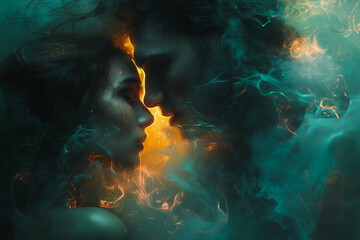 Wall Mural - A couple is kissing in a blue and green smoke filled room