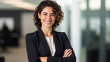 Fototapeta Góry - Young confident hispanic latino business woman smiling in corporate background with copy space. Success, career, leadership, professional, diversity in a workplace concept