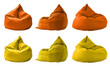 2 Collection set of yellow orange mustard plain beanbag bean bag seat chair, front side view on transparent cutout, PNG file. Many angle. Mockup template for design