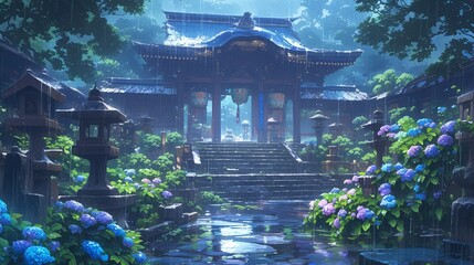 紫陽花とお寺の風景、雨天4