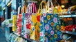 Eco friendly reusable shopping bags at a mall stand colorful patterns sustainability theme