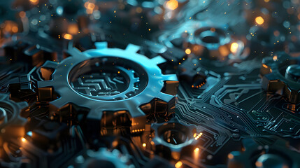 Wall Mural - Futuristic Blue Gear wheel on circuit board, digital engineer concept hi-tech illustration.