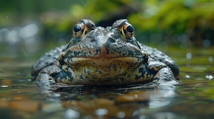 Wall Mural - Frog camouflaged among moss-covered rocks near a babbling brook, blending seamlessly into its surroundings.