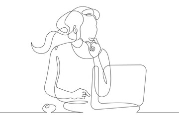 Wall Mural - One continuous line.A woman sits in front of a laptop. Internet work. Search for information in the computer. One continuous line drawn isolated, white background.