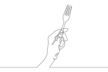 Wall Mural - The hand is holding a fork. Traditional cutlery for eating.One continuous line drawing. Line Art isolated white background.