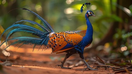 Congo Peafowl, the Lesser-Known Species, Strutting Confidently Along a Riverbank in the Heart of the Rainforest.