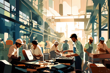 International Labor Day celebration captured in lofi illustration style, featuring workers and a clean and modern factory setting, digital painting