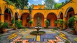 © CREATIVE STOCK - A courtyard in Mexico City with colorful tiles and fountains, surrounded by arches and plants. Cinco de Mayo celebration idea.