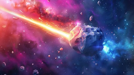 Space abstract background, burning comet, flash, laser through the stone, bright colors