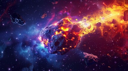 Wall Mural - Space abstract background, burning comet, flash, laser through the stone, bright colors