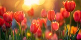 Fototapeta Tulipany - Vibrant red tulips reaching towards the setting sun's light, with a warm, glowing sunset in the background.