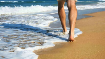 Wall Mural - Barefoot individual walking along a serene beach, with waves gently lapping at the sandy shore.