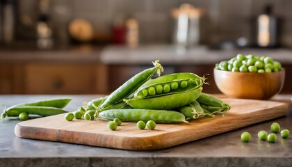 A selection of fresh vegetable: peas, sitting on a chopping board against blurred kitchen background; copy space