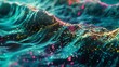 Cybernetic waves, digital ocean, close-up, low angle, neon currents, pixelated spray
