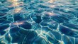 Holographic water surface, close-up, high-angle, digital ripples, futuristic aquatic shimmer