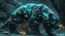 A Black Bear Sculpture Covered In Blue And Gold Light Particles On Its Body.