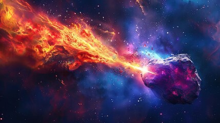 Wall Mural - Space abstract background, burning comet, flash, laser through the stone, bright colors