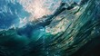 Wave crest shadow, close-up, low angle, undersea mystery, sunlight penetration, cool depths 