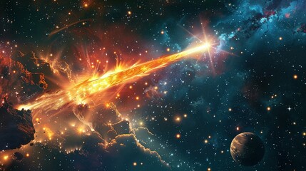 Wall Mural - Space abstract background, burning comet, flash, laser through the stone, bright colors