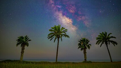 Poster - tropical palm trees with starry night sky and shooting stars. - timelapse