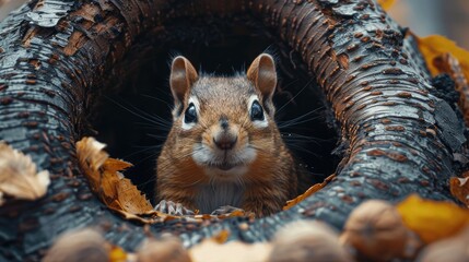 Wall Mural - Eastern Chipmunk Popping Out of a Burrow, Its Cheeks Stuffed with Seeds and Nuts.