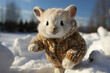 A white baby bunny in a winter sweater, hopping through a snowy white wonderland.