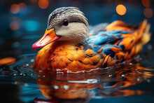 A Vibrant Orange Duck With Vivid Plumage, Gracefully Gliding Across A Reflective Surface, The Warm Hues Of The Orange Contrasting Beautifully Against The Calm Water Underneath.