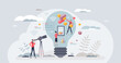 © VectorMine - Innovation in education with modern technology usage tiny person concept. Creativity and innovative approach for teaching science vector illustration. Learning with new AI and AR integrated methods.