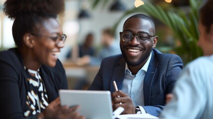 Happy black financial advisor using touchpad with his clients during meeting in office