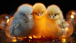 A trio of fluffy chicks huddled together under a heat lamp, their downy feathers and peeping sounds evoking the charm of newborn poultry.