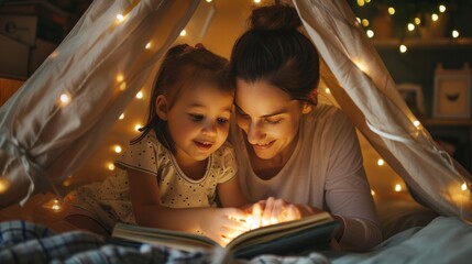 Mother and daughter enjoy reading under a bright tent in their bedroom.