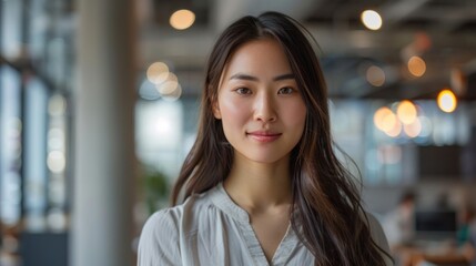 Wall Mural - A successful businesswoman standing in startup office Professional businesswoman smiling looking at the camera at a startup office