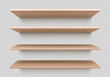 © klyaksun - Empty wood wall shelf for book isolated vector. 3d wooden bookshelf for library. Product rack or table realistic design with texture. Exhibition plank with shadow for market display stand angle set.