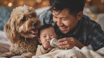 Asian father feeding his baby with baby bottle while his dog sitting with them