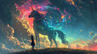 silhouette of girl is looking at giant glitter unicorn, universe background
