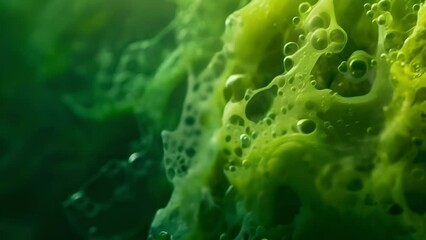 Wall Mural - Dramatic closeup of an algal bloom in progress with emerald microorganisms multiplying and spreading rapidly engulfing the surrounding . AI generation.