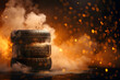 A tire surrounded by red smoke and light effect. Concept of tire advertise.