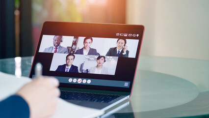 Wall Mural - concept of video conferencing with multinational people. global business. remote working. webinar.